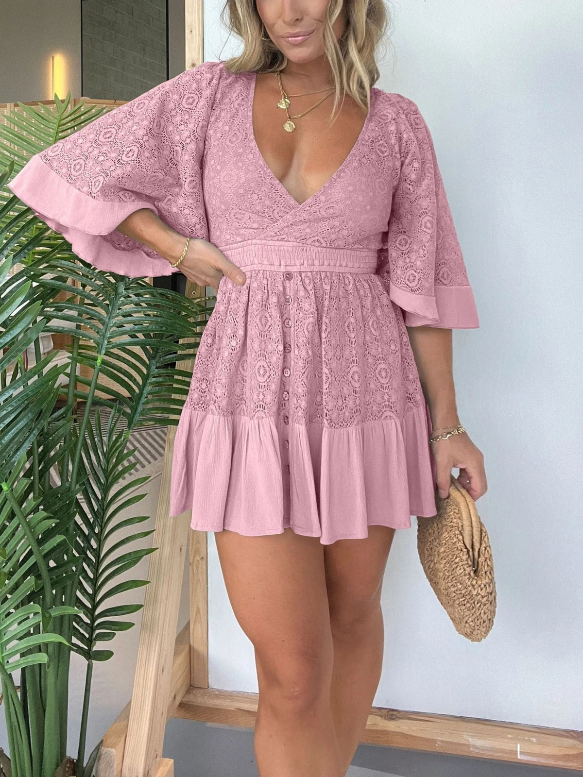 Lace Overlay Deep V-Neck Bell Sleeve Smocked Empire Mini Dress - View 2