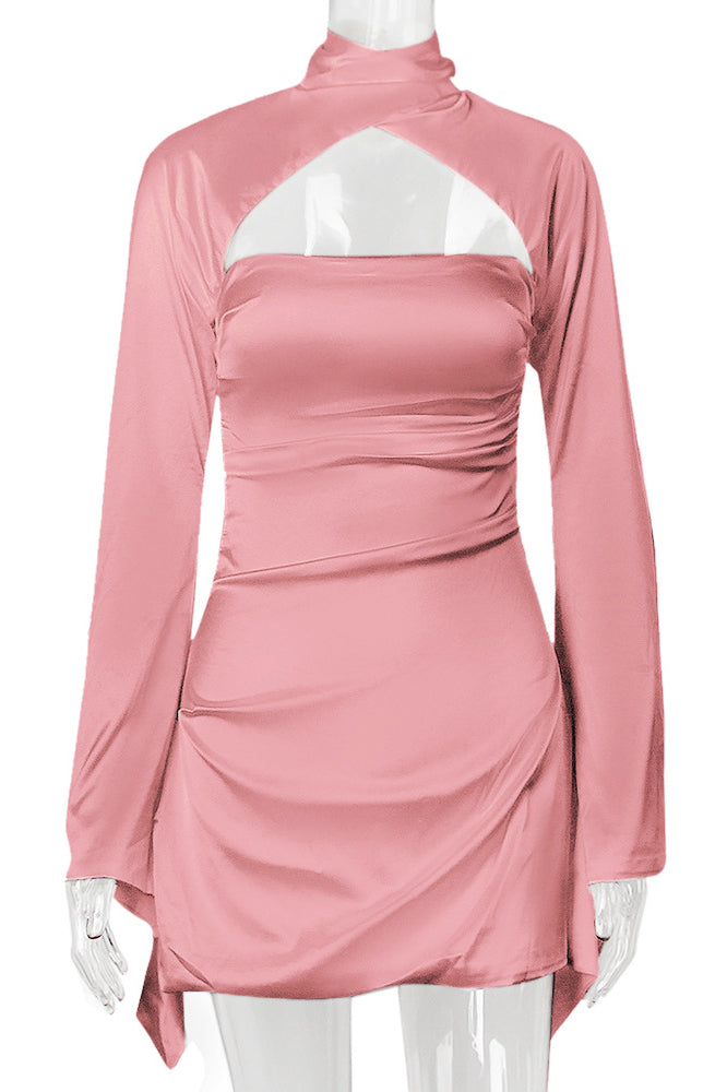 Satin High Neck Long Sleeve Cut Out Ruched Mini Dress - View 8