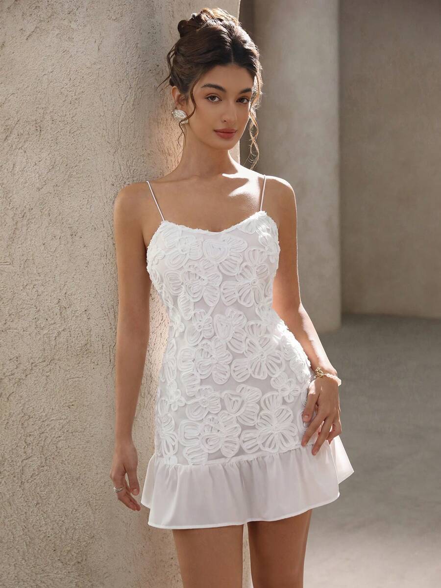 Floral Spaghetti Strap Ruffle Hem Bodycon Mini Dress - View 6