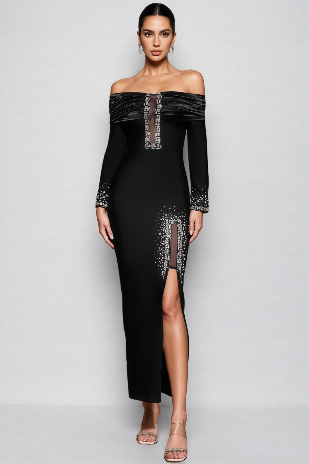Off Shoulder Ruched Trim Keyhole Cut Out Rhinestone Maxi Gown