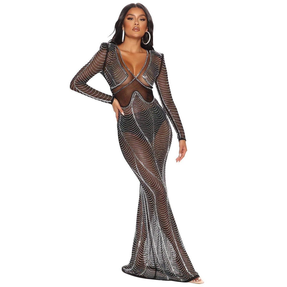 Rhinestone Mesh Deep V-Neck Long Sleeve Maxi Gown - View 6