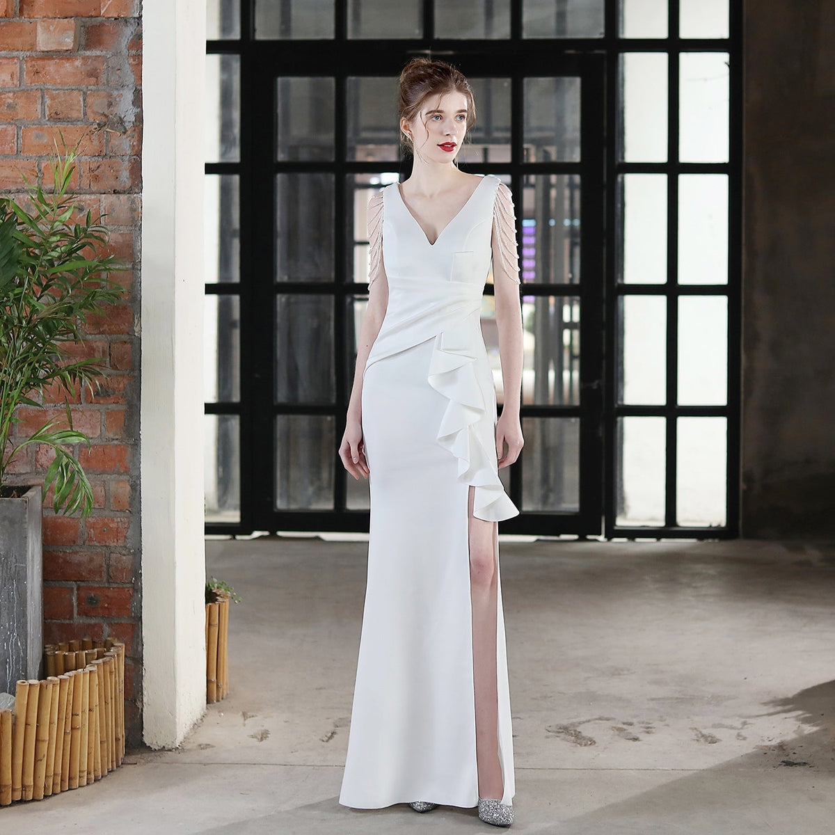 Deep V-Neck Beaded Shoulder Fringe Wrap Waist Side Maxi Gown - View 5