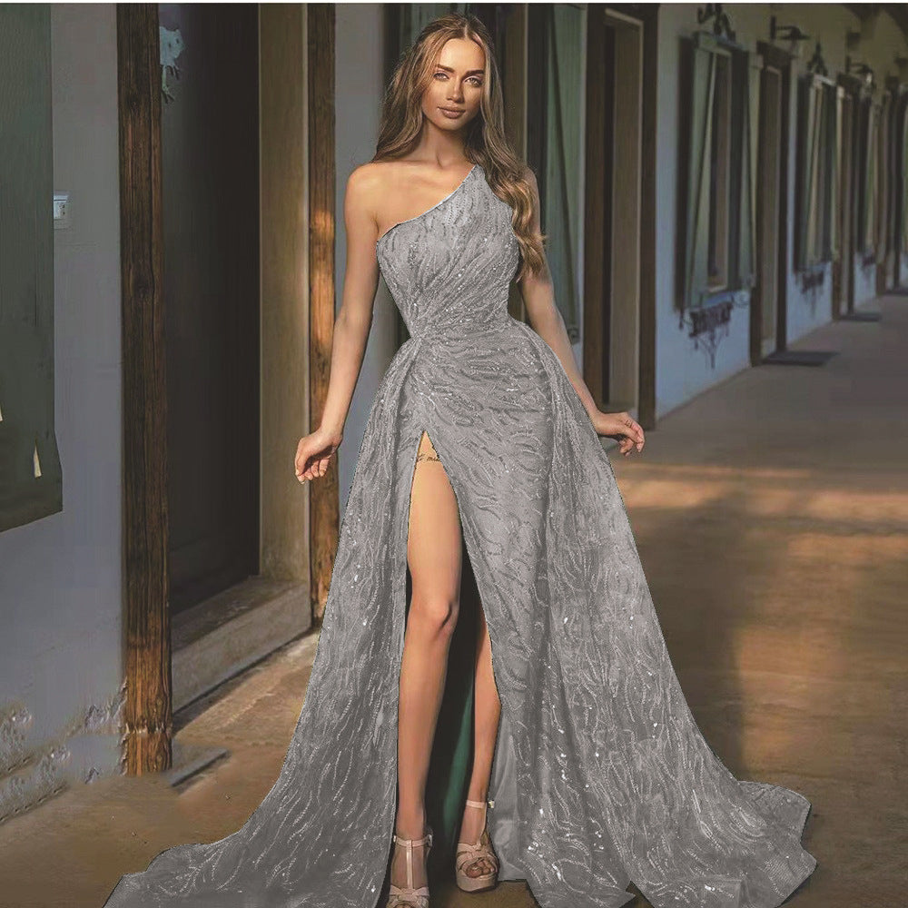 Sequin One Shoulder High Split Maxi Gown - View 4