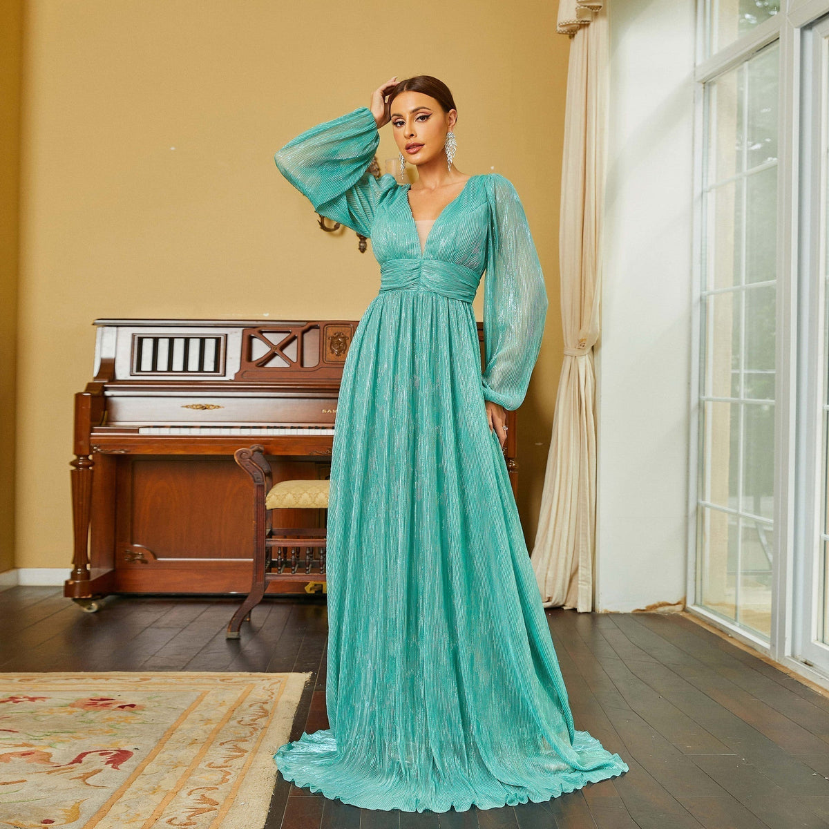 V-Neck Bishop Sleeve Pleated Ruched A-Line Maxi Dress - View 2
