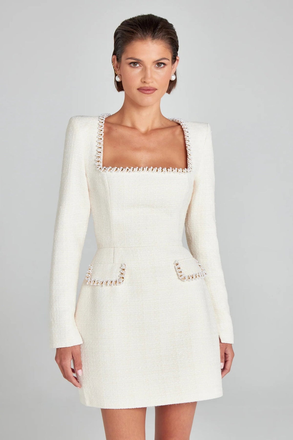 Tweed Pearl Trim Square Neck Long Sleeve Pocketed Mini Dress - View 2