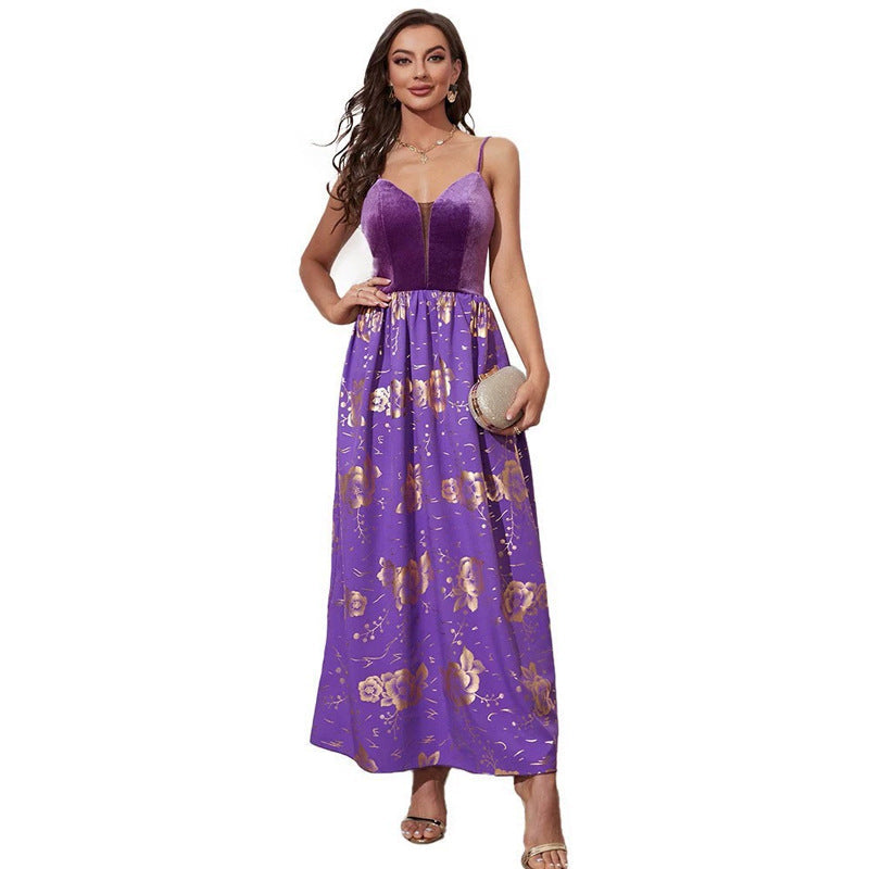 Velvet Spaghetti Strap Mesh Plunge Floral Print A-Line Maxi Dress - View 5