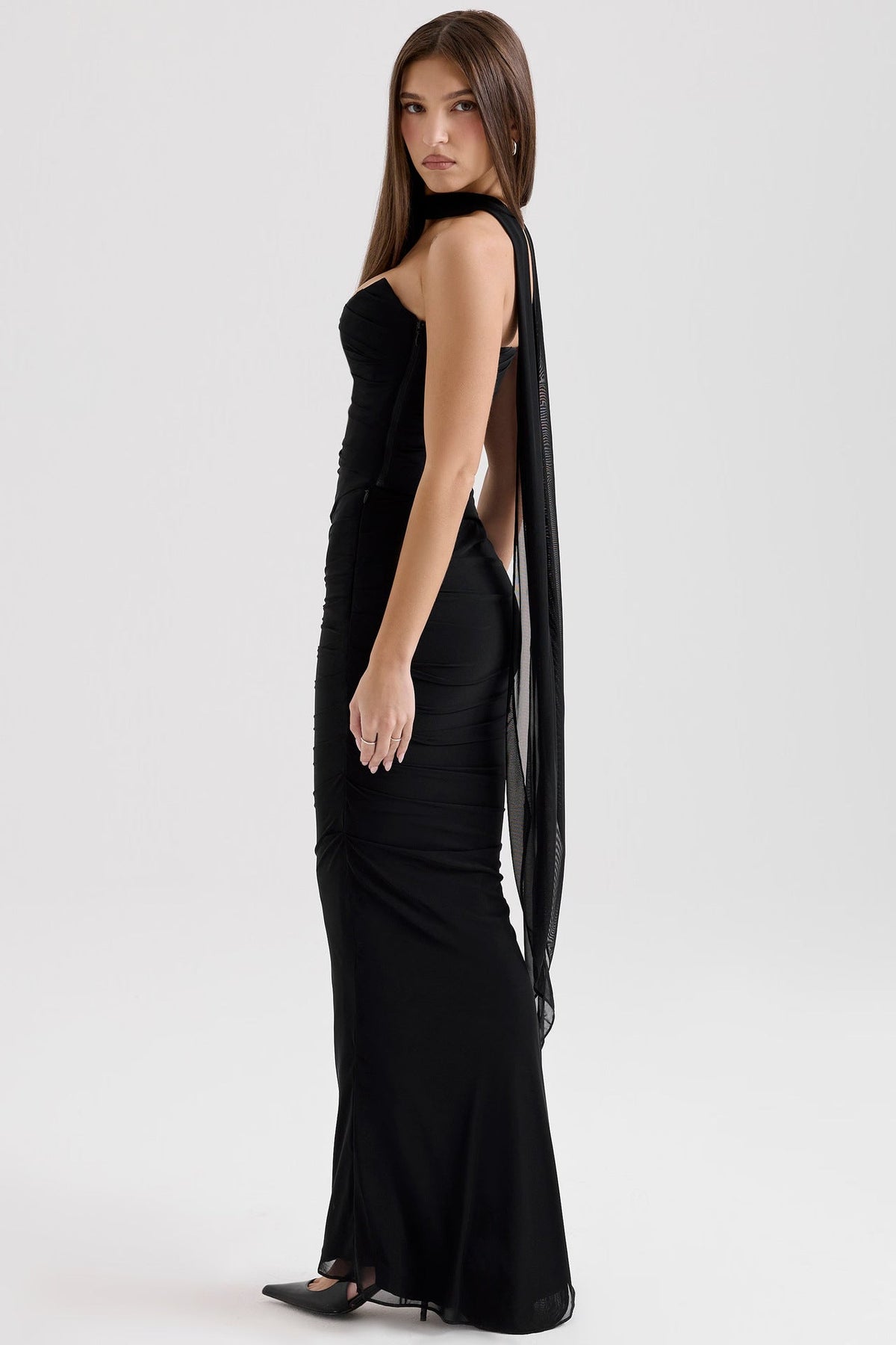 One Shoulder Draped Sash Ruched Fishtail Maxi Gown - View 19