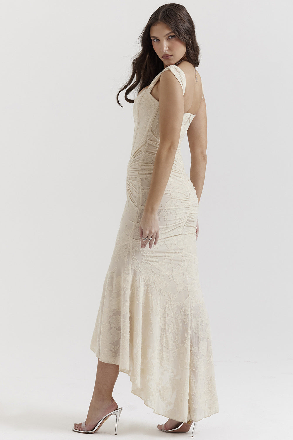 Jacquard Off Shoulder Cap Sleeve Corset Ruched Mermaid Maxi Gown - View 9