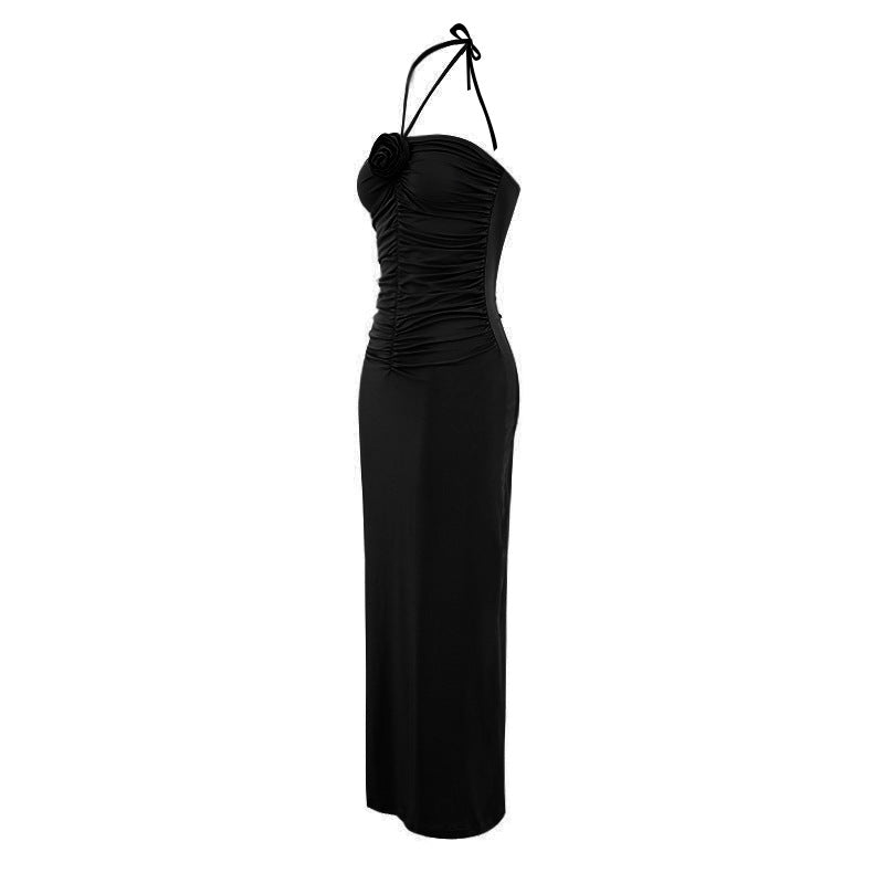 Halter Neck Floral Applique Ruched Side Slit Bodycon Maxi Dress - View 8