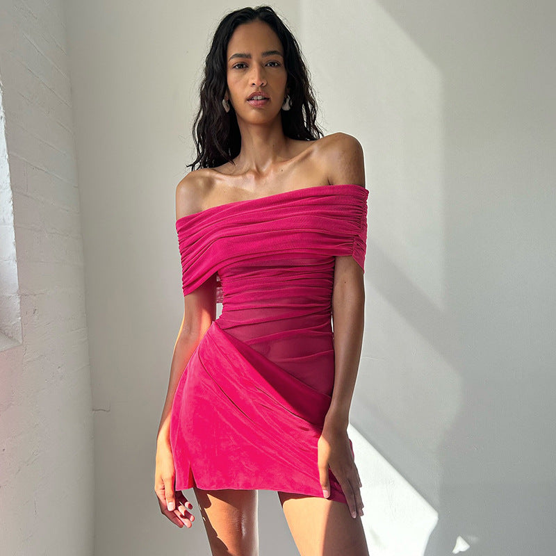 Off Shoulder Ruched Mesh Panel Draped Wrap Bodycon Mini Dress - View 2