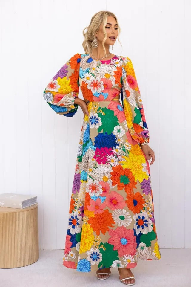 Floral Print Puff Sleeve Cut Out Waist Summer Maxi Dress - View 4