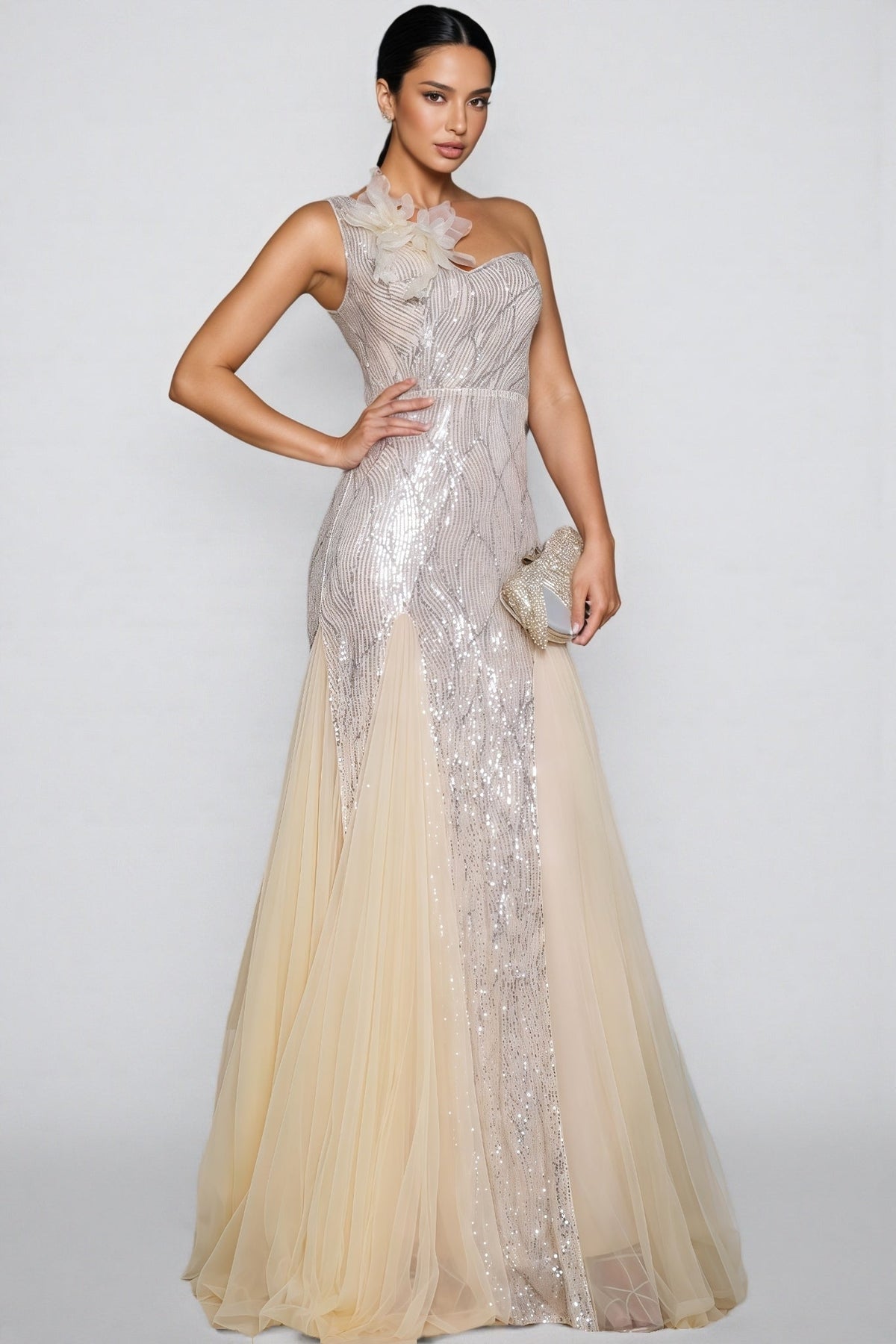 Sequin One Shoulder Floral Applique Tulle Godet Mermaid Maxi Gown - View 3
