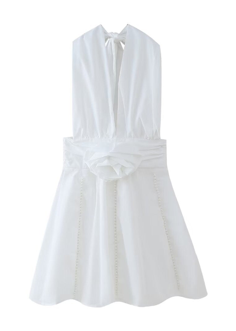 Halter Neck Rose Applique Pearl Trim A-Line Mini Dress - View 5