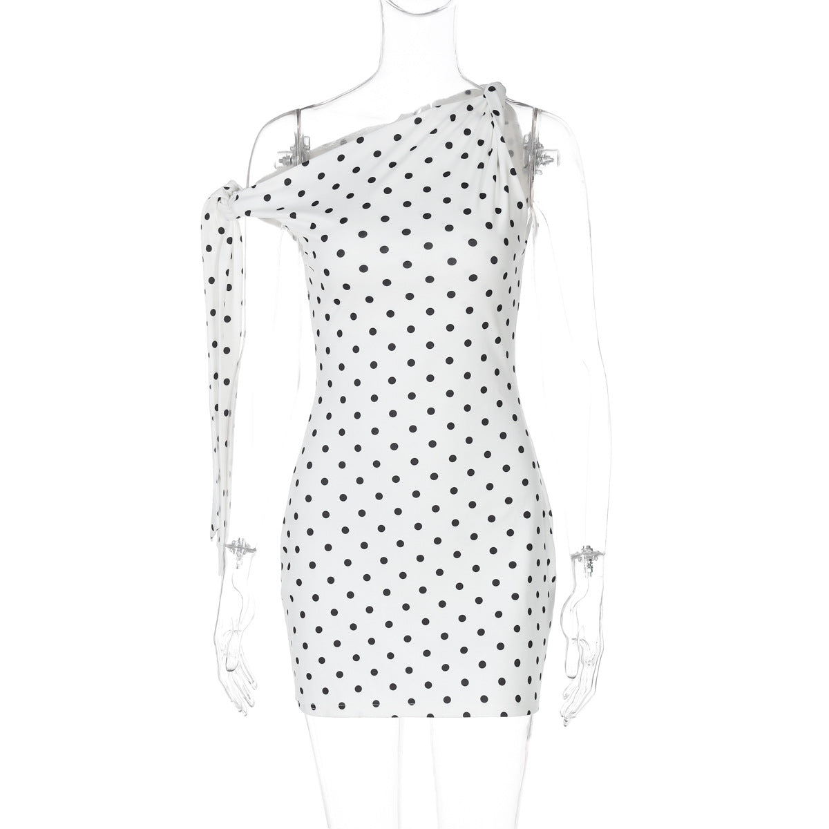 Polka Dot Boat Neck Side Tie Sash Sleeveless Bodycon Mini Dress - View 2