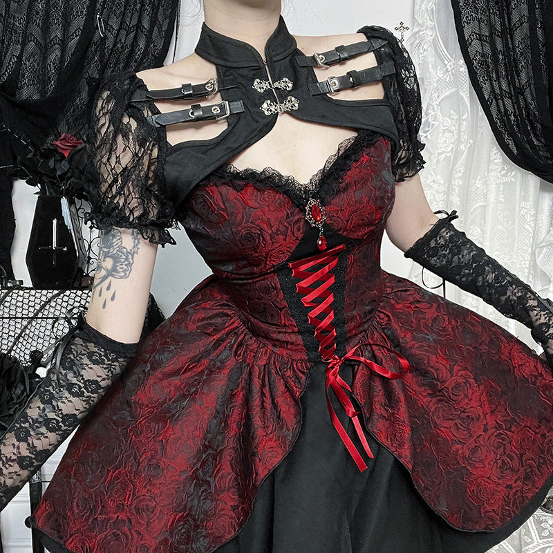 Rose Jacquard Lace Up Corset Layered Mini Dress - View 4