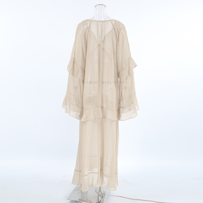Sheer Tiered V-Neck Tie Neck Long Flared Ruffle Sleeve Maxi Dress - View 7