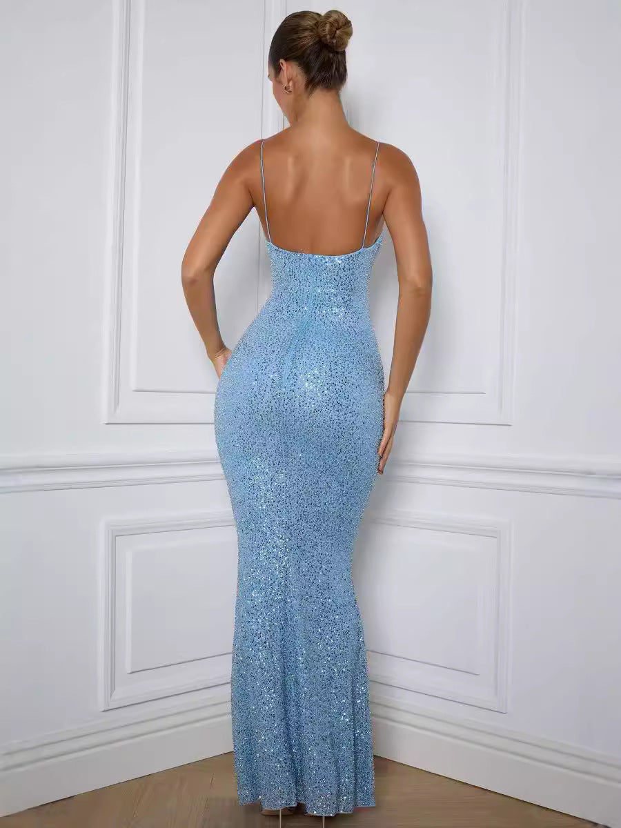 Sequin Spaghetti Strap Mermaid Bodycon Formal Maxi Gown - View 2
