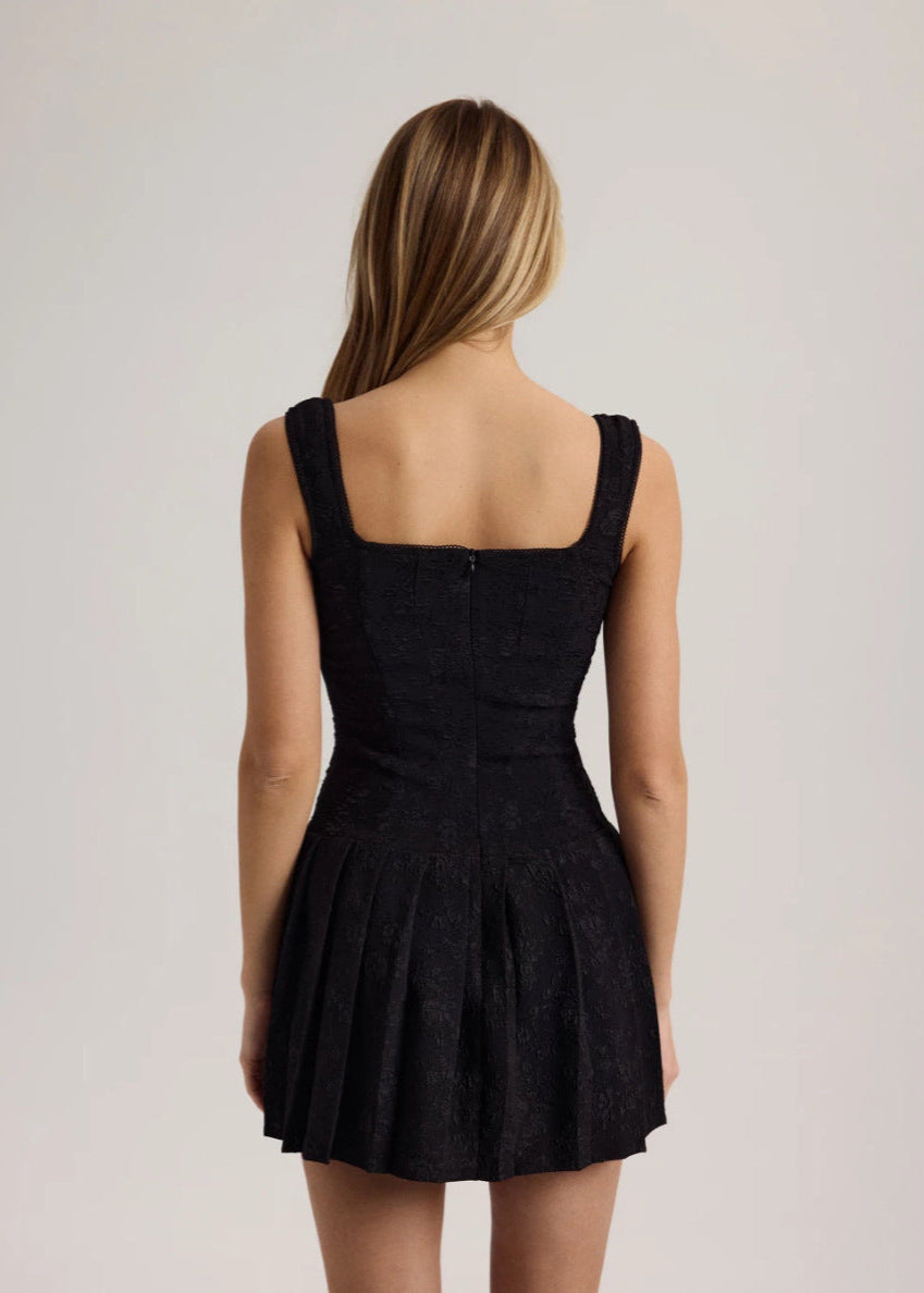 Lace Up Square Neck Sleeveless Corset Pleated Mini Dress in Black - View 5