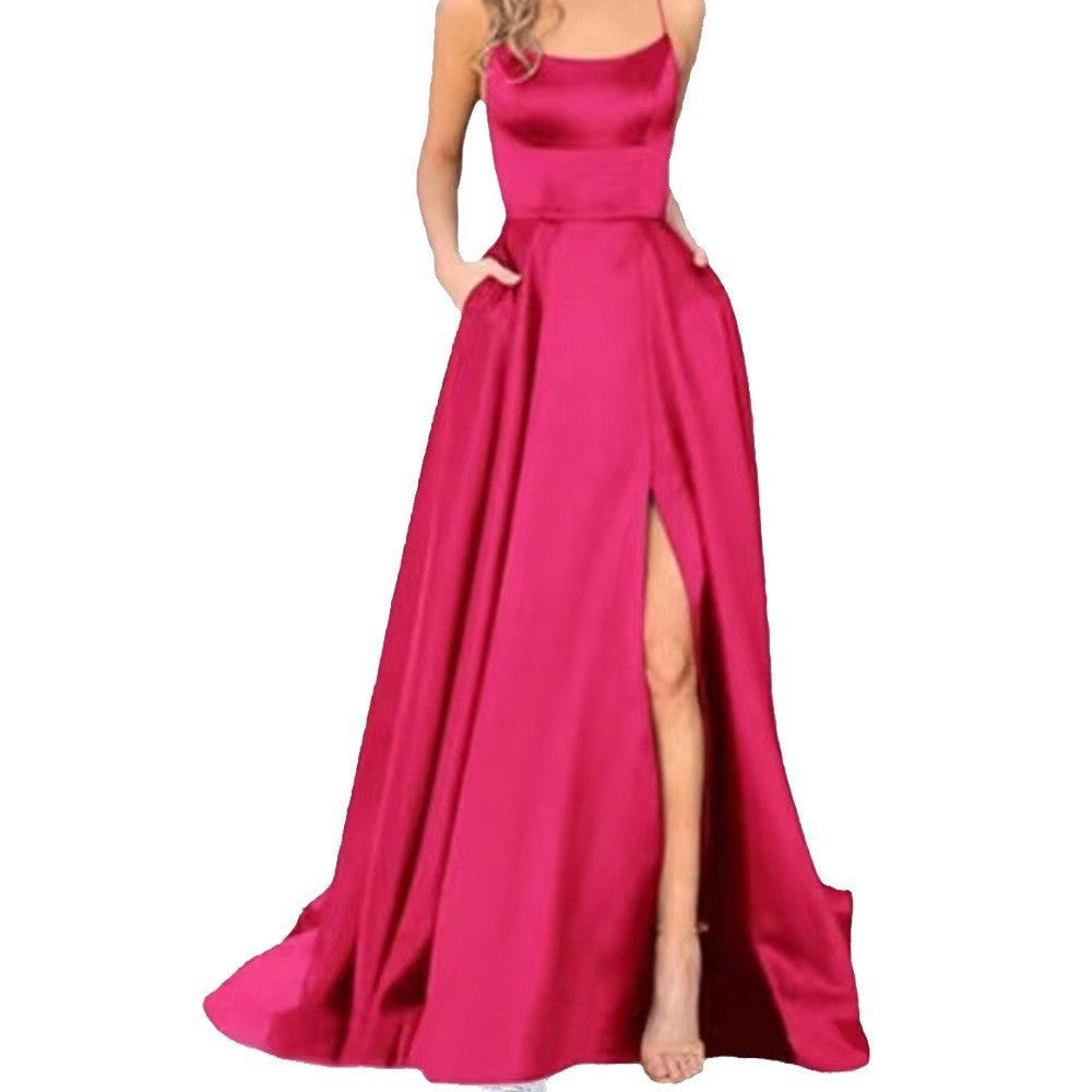 Satin Halter Neck Mermaid High Split Maxi Dress in Red