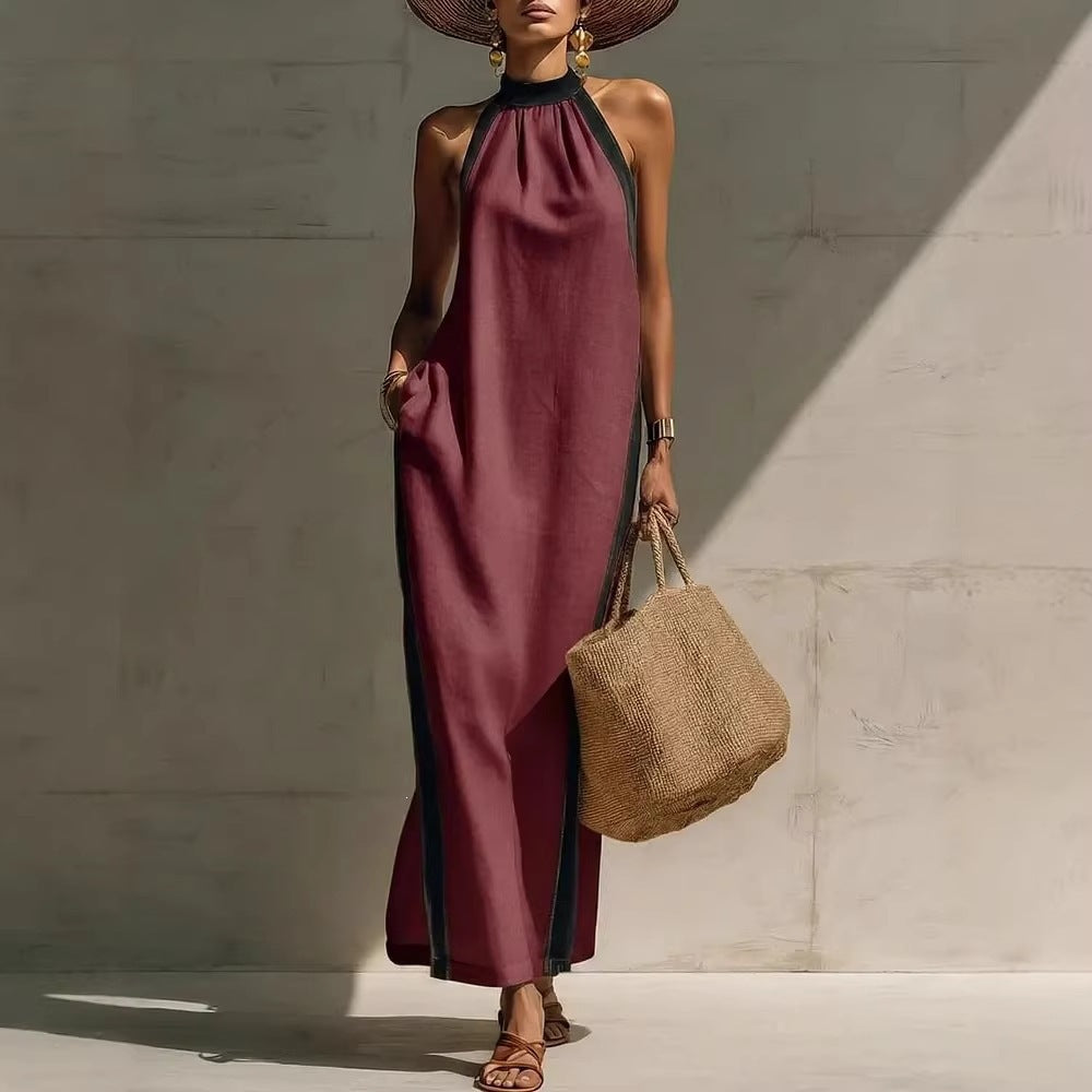 Halter Neck Sleeveless Contrast Trim Maxi Dress Summer 3
