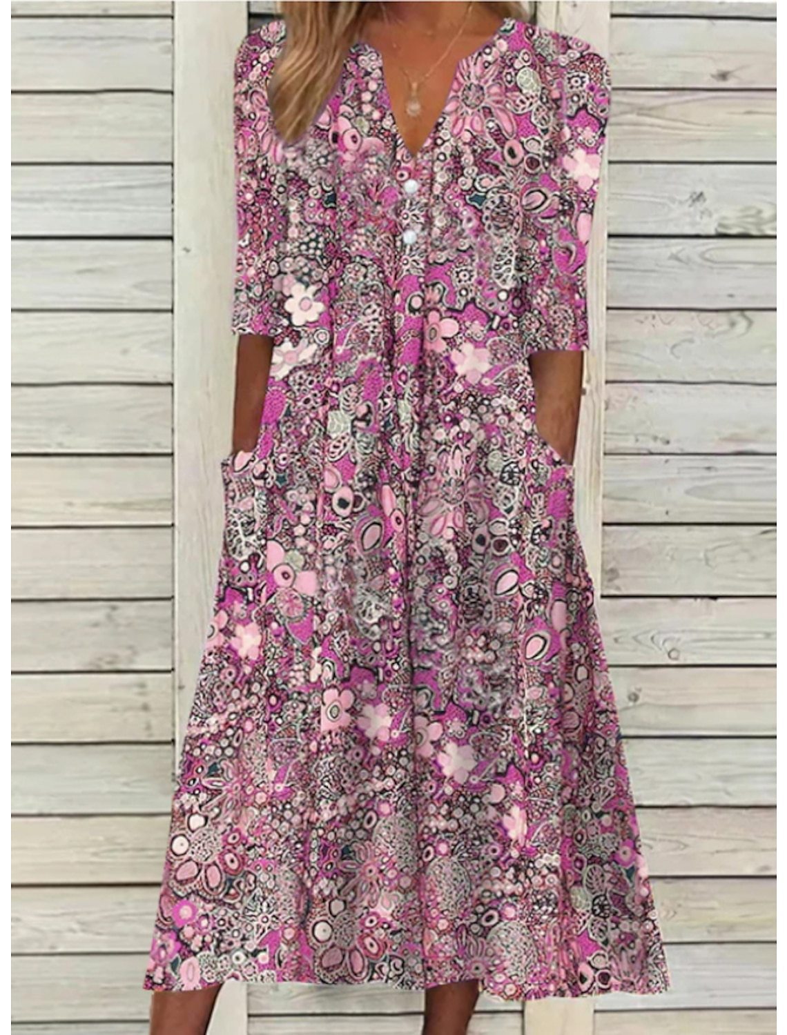 Bohemian Floral Print Deep V-Neck Button Placket Pocket Dress - View 5