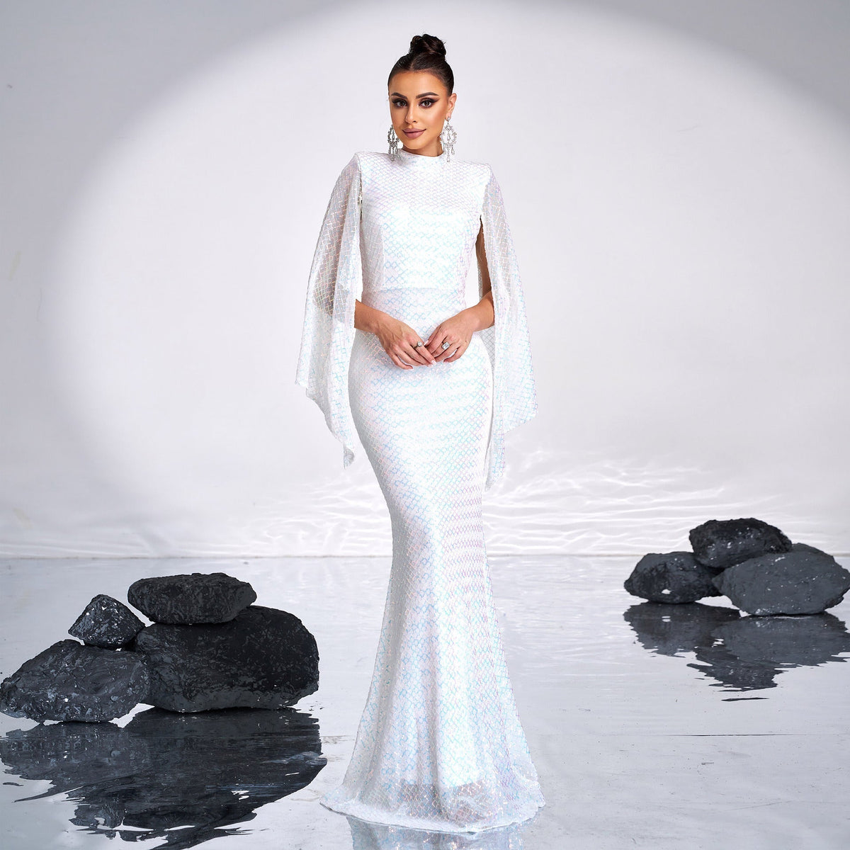 Sequin High Neck Cape Sleeve Mermaid Gown
