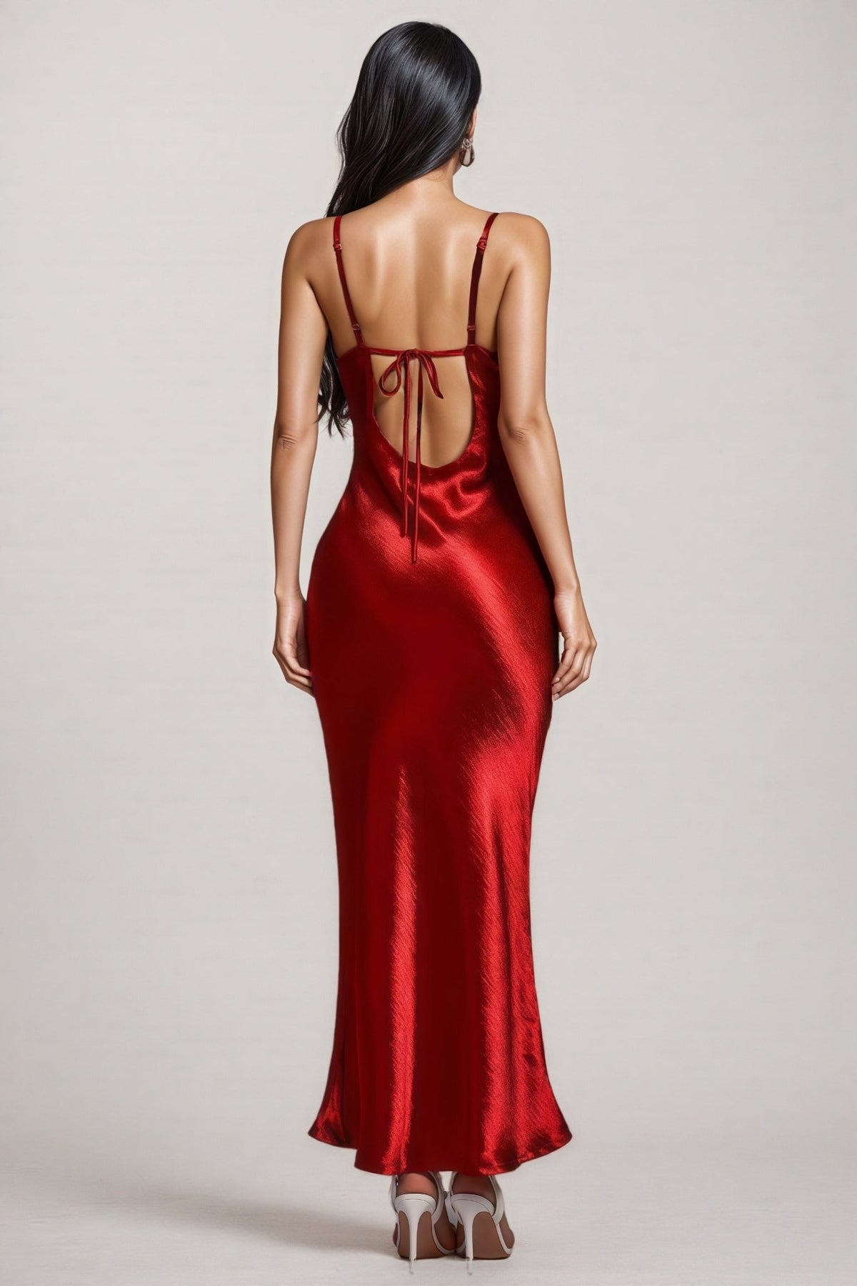Satin Cowl Neck Spaghetti Strap Fitted Slip Column Maxi Gown - View 4
