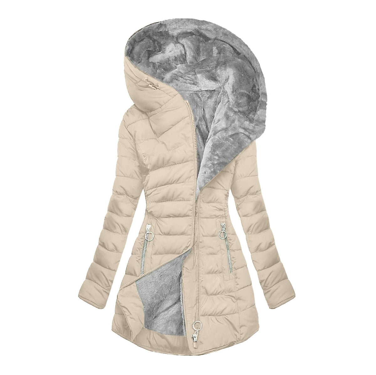 Hooded Fleece Lined Zip Front Quilted Puffer Coat 9