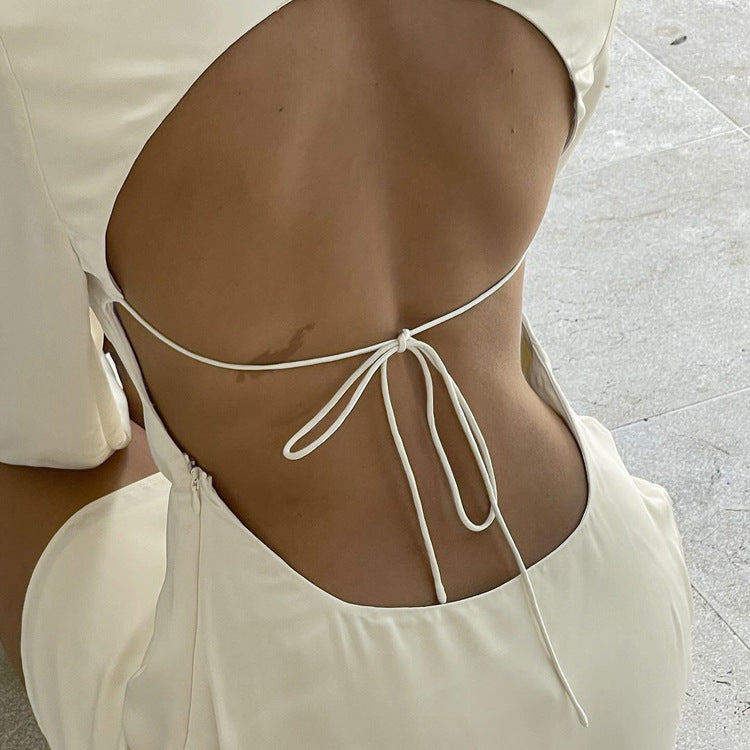 Satin Bell Sleeve Open Back Circle Cut Out Tie Bow A-Line Mini Dress - View 3