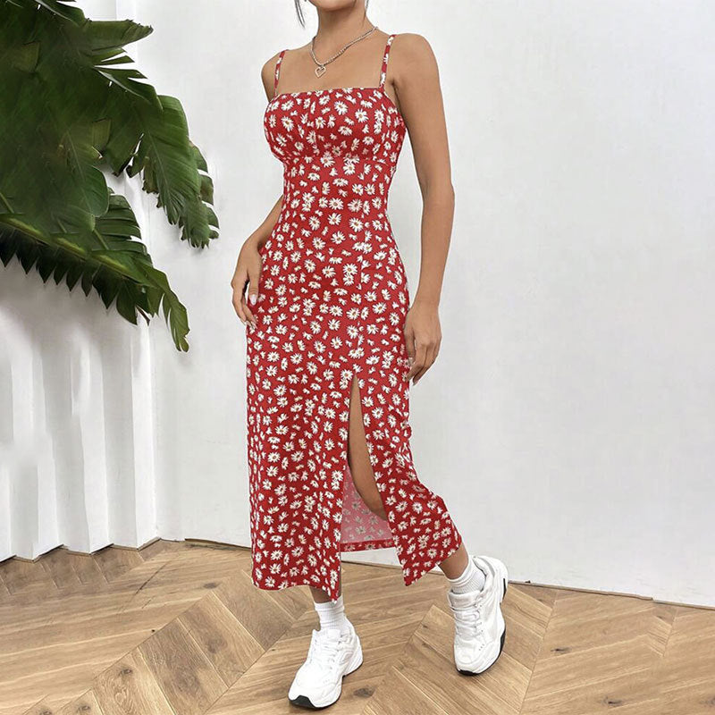 Square Neck Spaghetti Strap Floral High Split Bodycon Midi Dress 10
