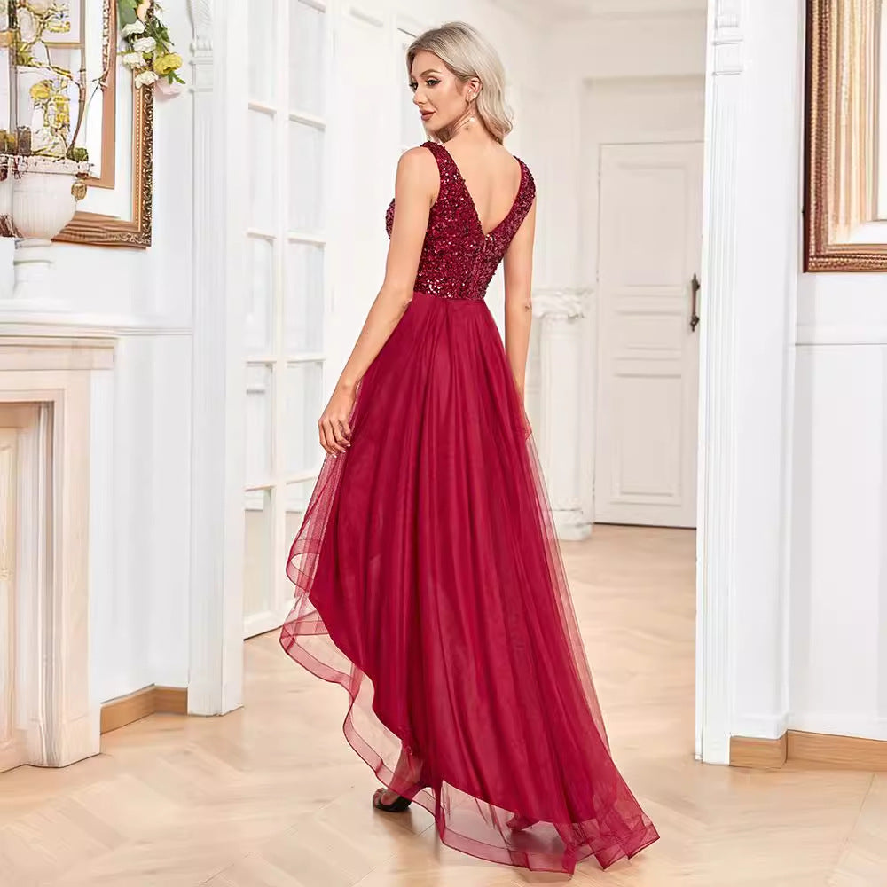 Sequin V-Neck Tulle High Low Midi Dress - View 4