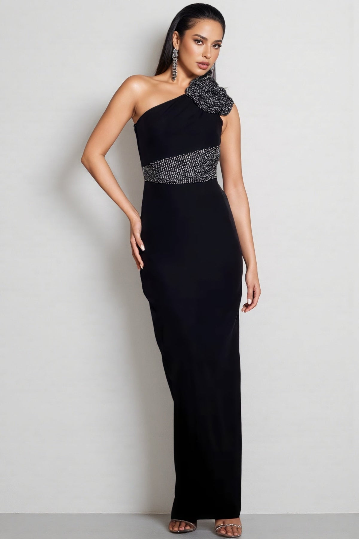 Evelda Sleeveless Rhinestone Floral Maxi Dress