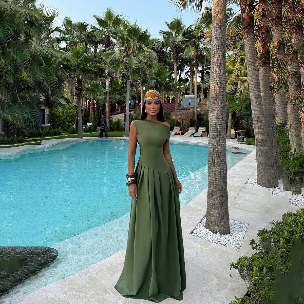One Shoulder Sleeveless Fitted Bodice A-Line Maxi Gown - View 3