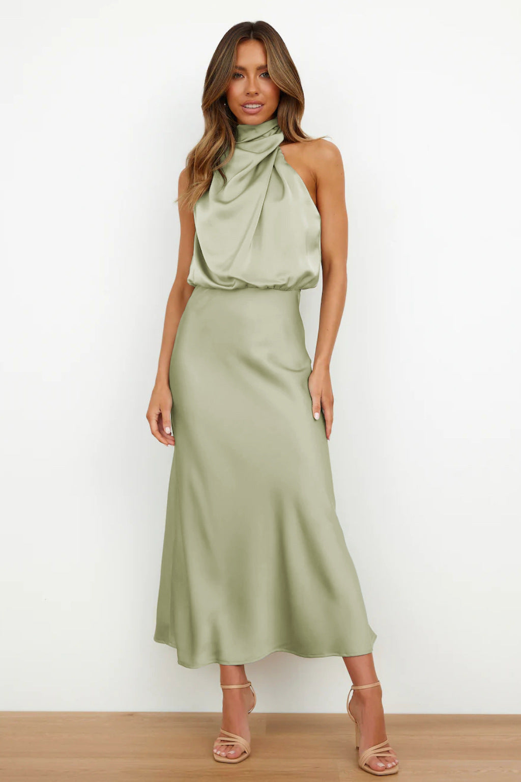 Satin Halter Neck Cowl Draped Sleeveless Midi Cocktail Dress - View 3