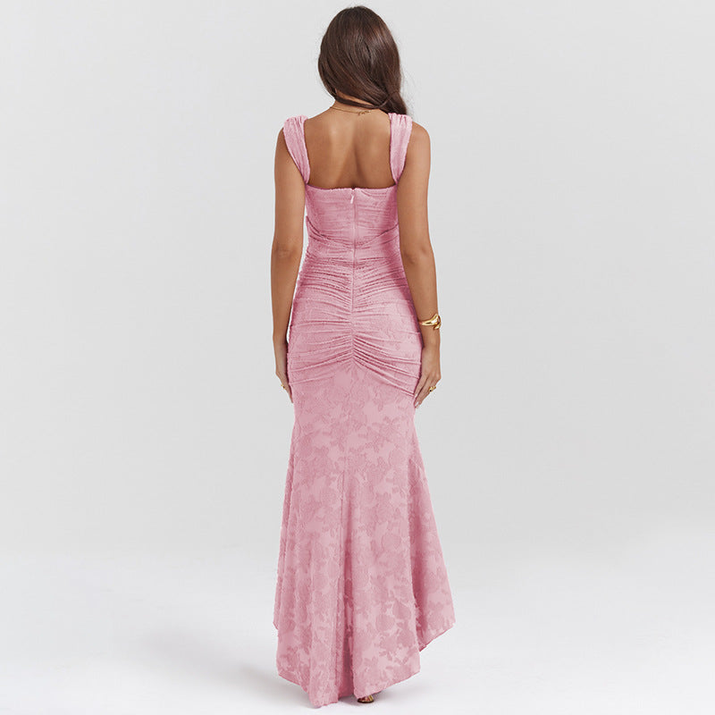 Jacquard Off Shoulder Cap Sleeve Corset Ruched Mermaid Maxi Gown - View 5