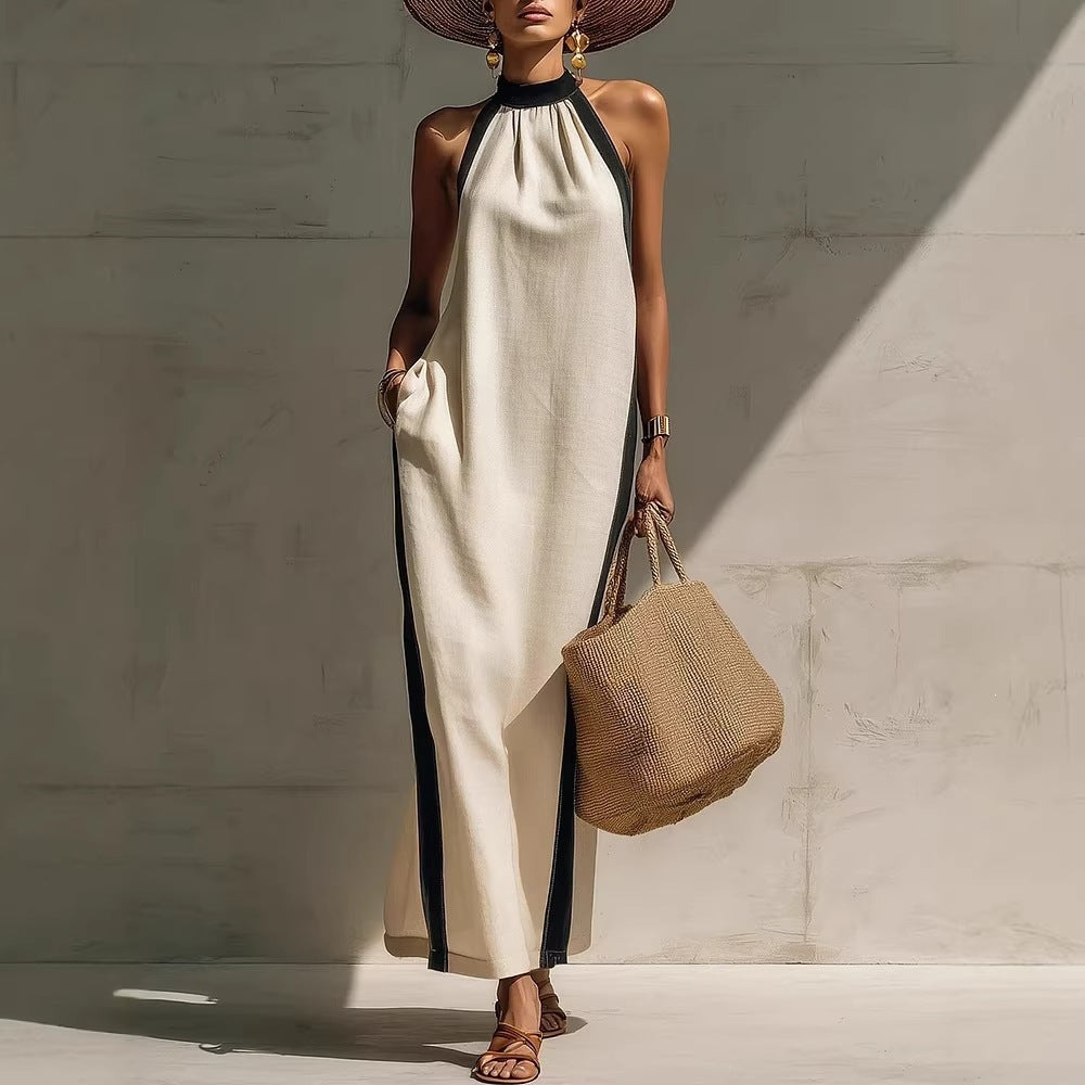 Halter Neck Sleeveless Contrast Trim Maxi Dress Summer 7