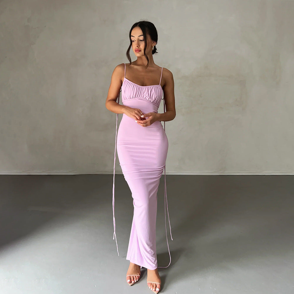 Backless Tie Shoulder Spaghetti Strap Ruched Bodycon Maxi Dress - View 6