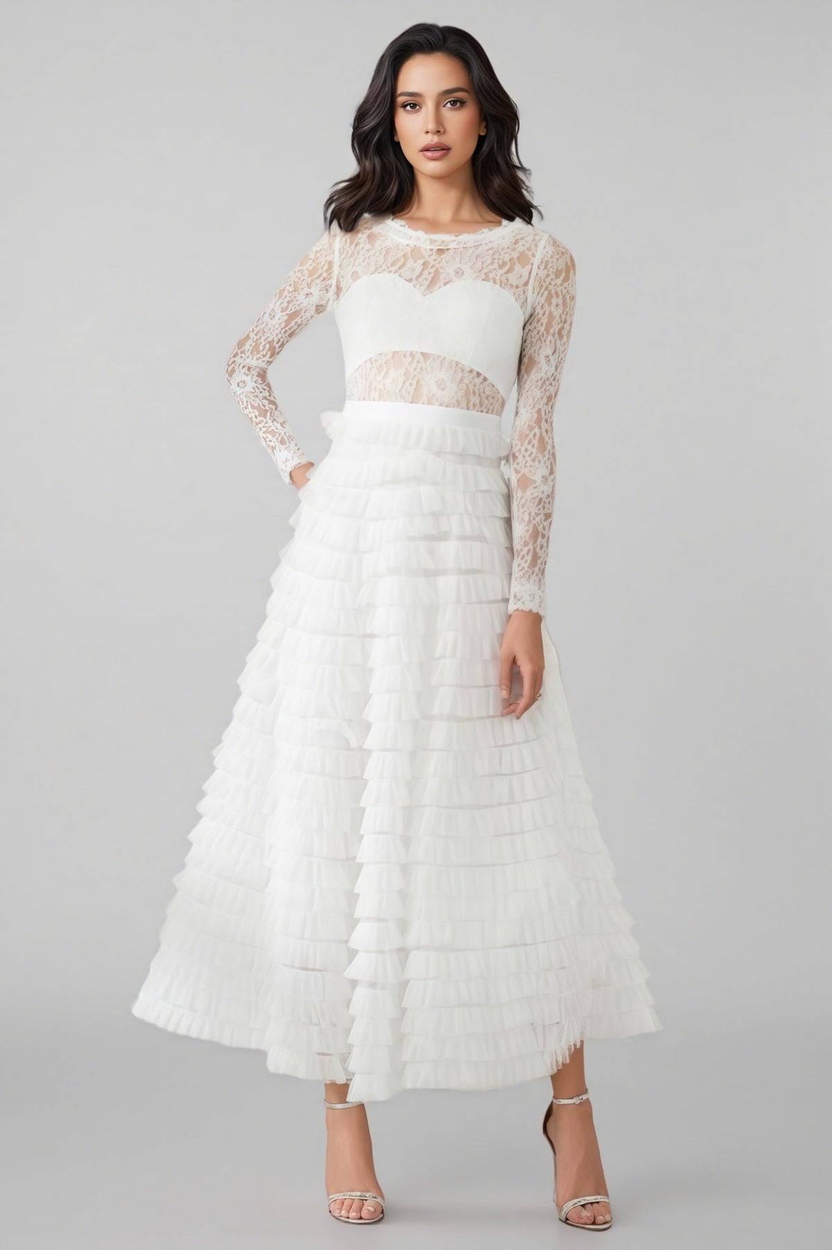 Yuio White Hollow Lace A-line Maxi Dress