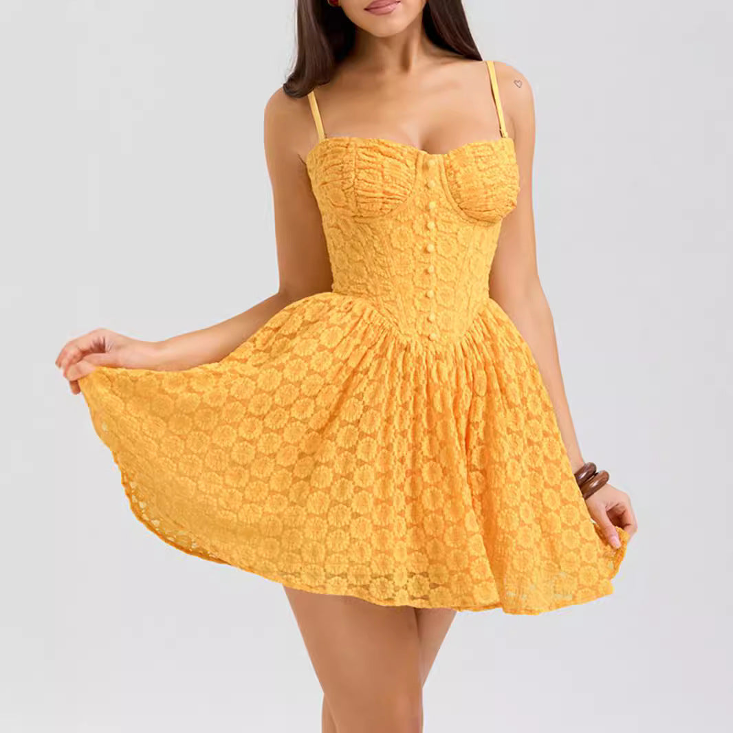 Floral Lace Spaghetti Strap Bustier Button Front Mini Dress