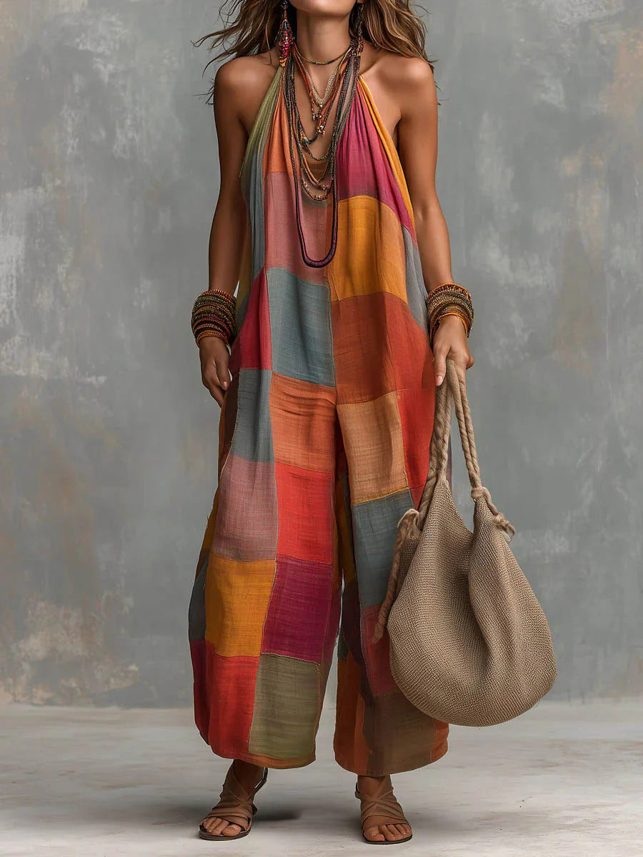 Patchwork Halter Neck Wide Leg Jumpsuit