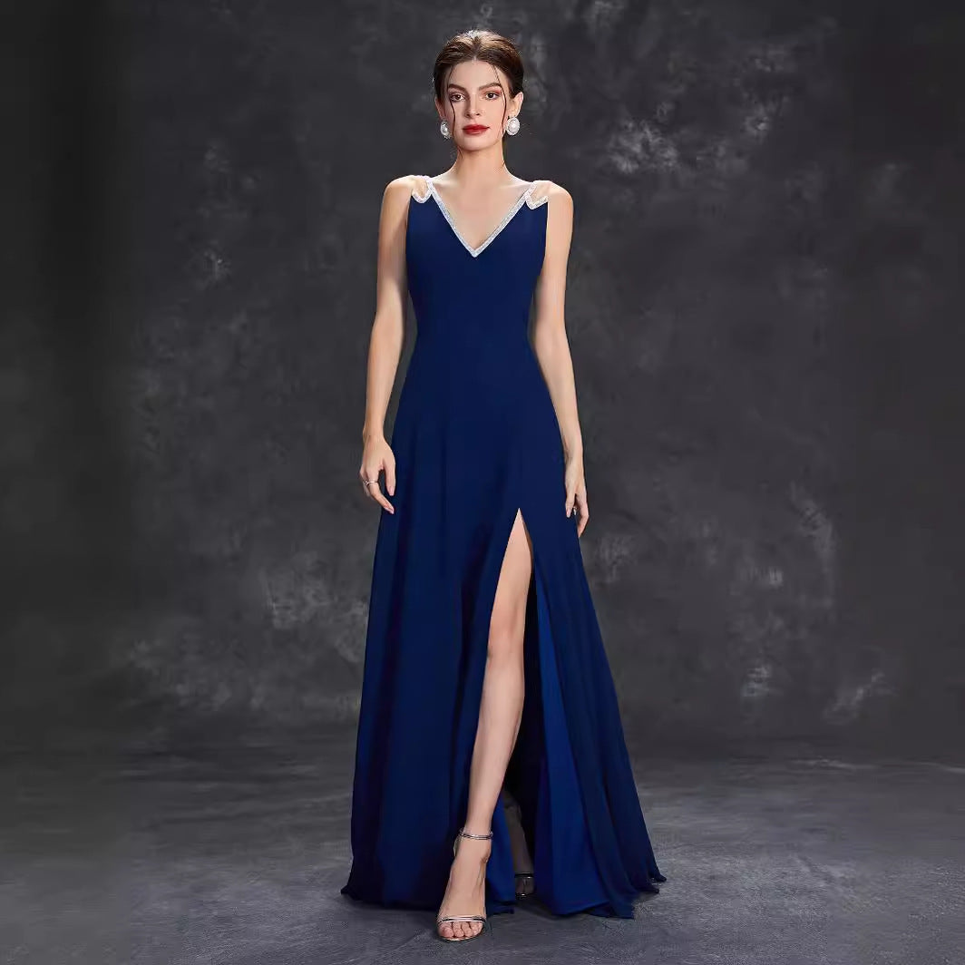 Chiffon Deep V-Neck Sleeveless Beaded A-Line Maxi Prom Dress