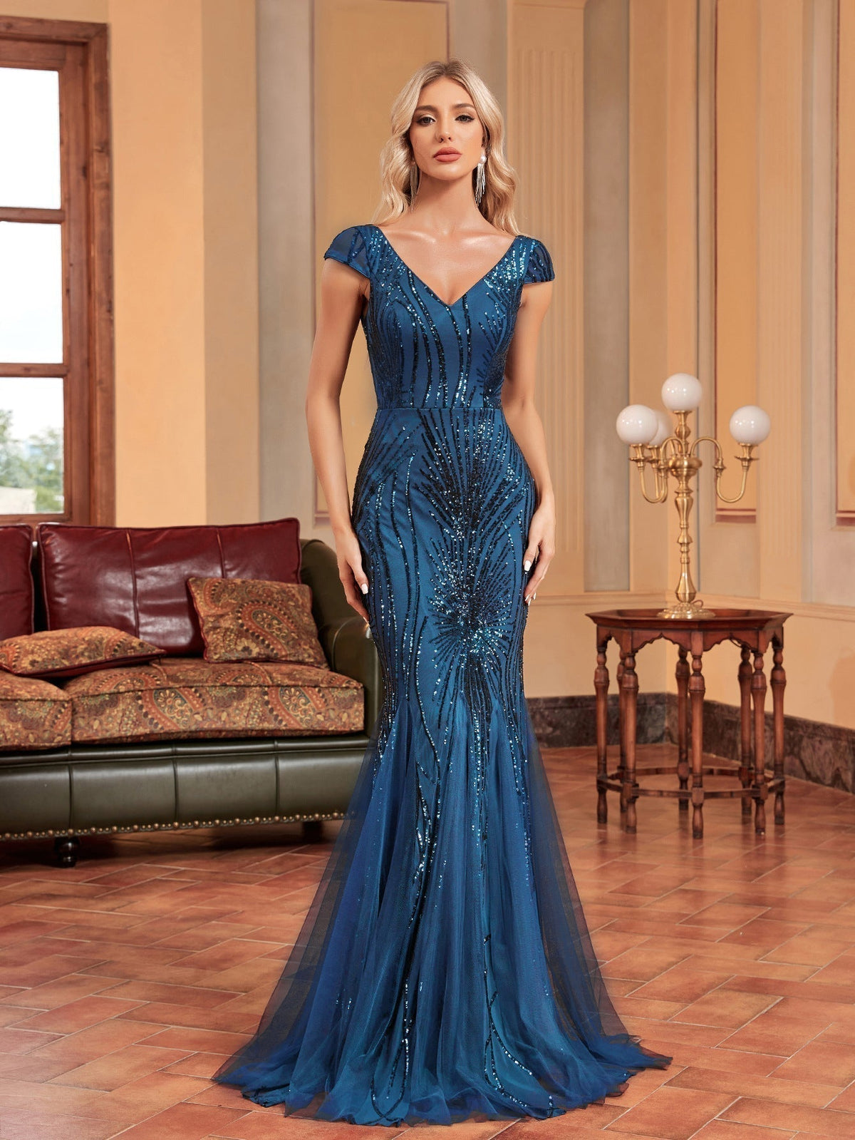Sequin V-Neck Cap Sleeve Tulle Mermaid Maxi Gown - View 8