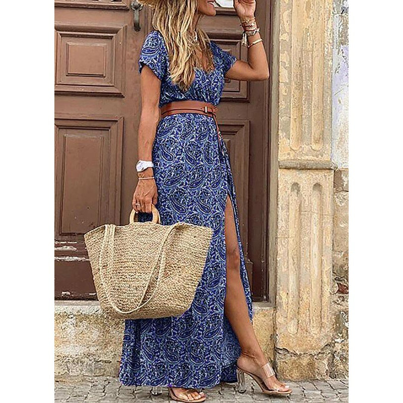 V-Neck Short Sleeve Belted High Split Tiered Boho Maxi Dress - View 7