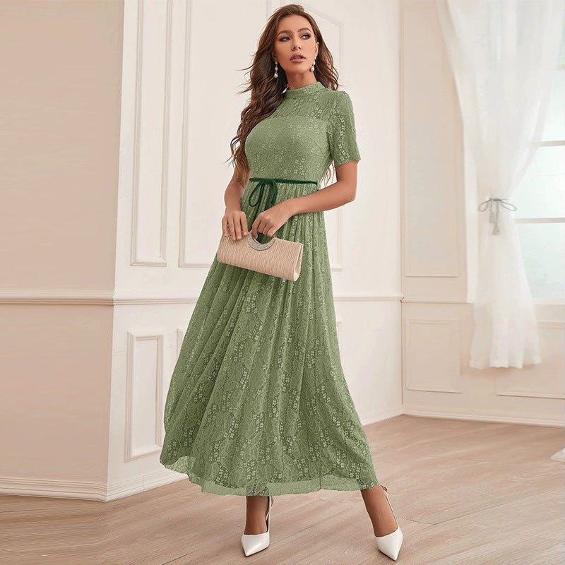 Mock Neck Short Sleeve Lace Belted A-Line Maxi Dress