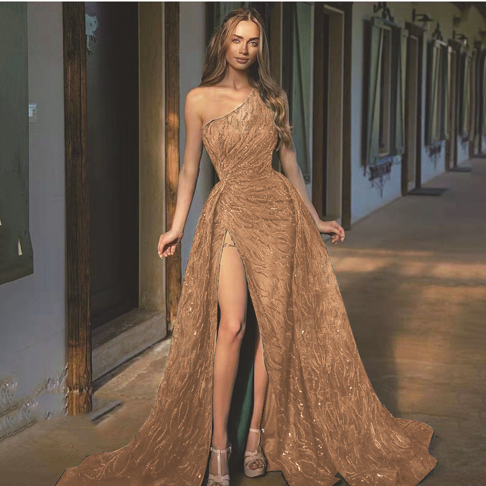 Sequin One Shoulder High Split Maxi Gown