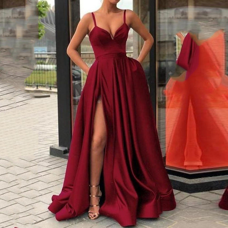 Satin Plunging V-Neck Spaghetti Strap Pleated Pocket Maxi Gown - View 3