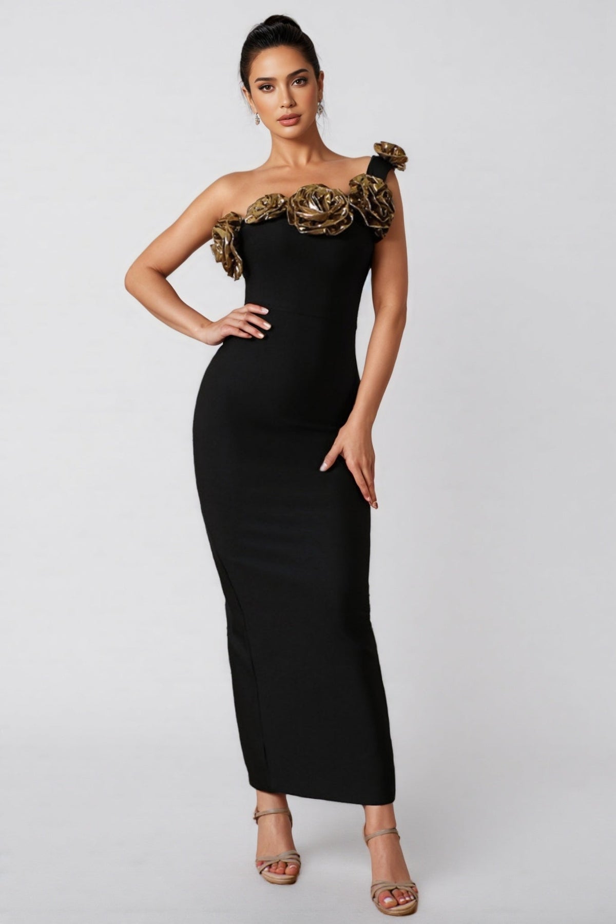One Shoulder Bandage 3D Floral Midi Dress - View 3
