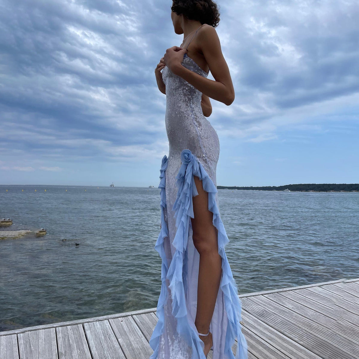 Sequin Spaghetti Strap Square Neck Ruffle Trim Slip Maxi Evening Gown - View 3