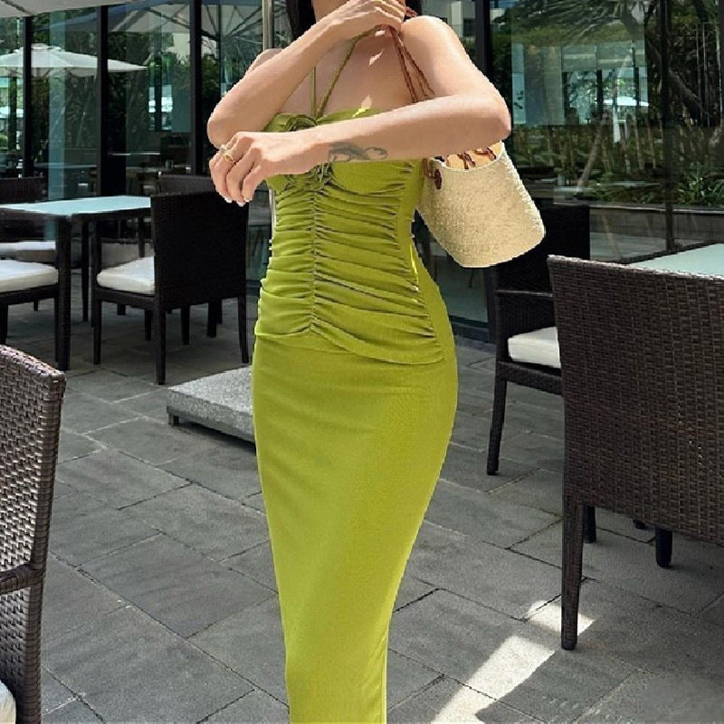 Halter Neck Floral Applique Ruched Side Slit Bodycon Maxi Dress - View 2