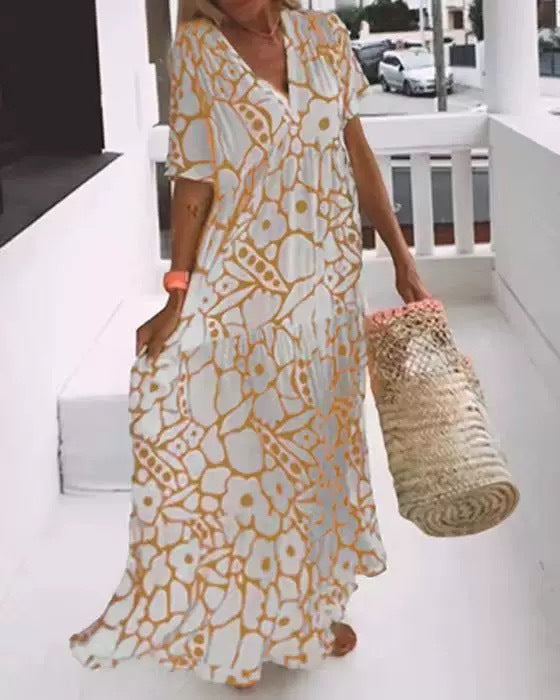 V-Neck Short Sleeve Floral Tiered Loose Maxi Beach Dress 8